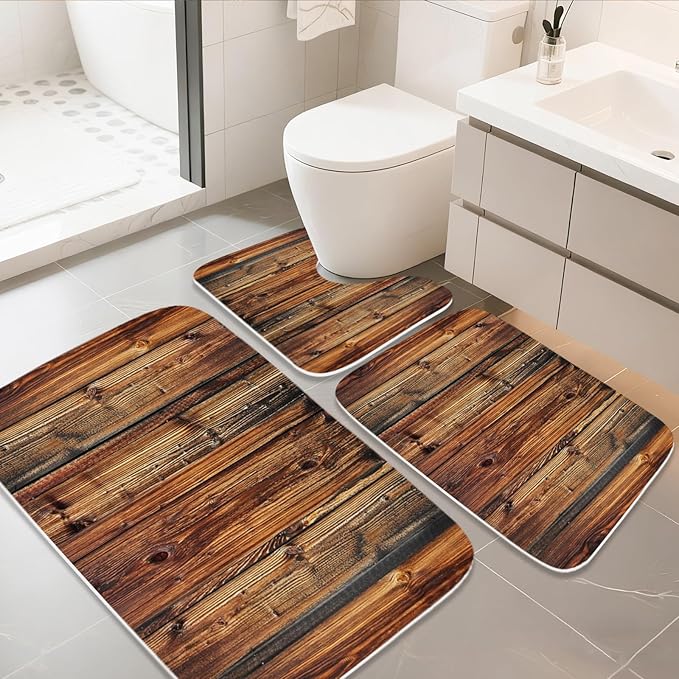 Rustic Farmhouse Wooden Board Print Bathroom Rugs and Mats Sets 3 Piece, Wood Western Country Bath Mat 20 x 31 in, Coral Velvet Memory Foam U-Shaped Contour Shower Mat Non Slip Absorbent