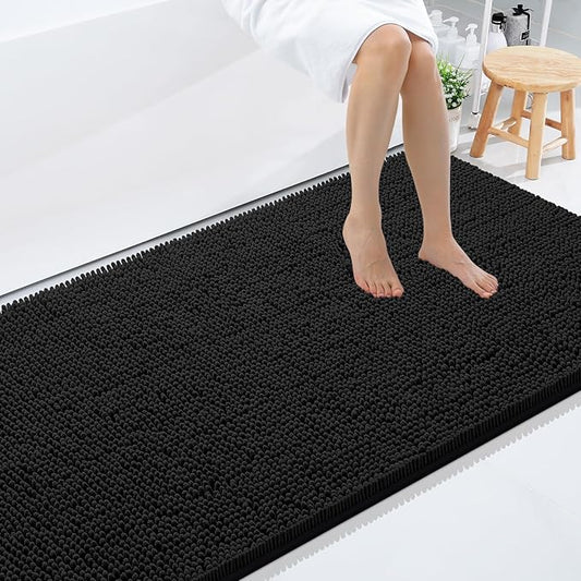 Smiry Luxury Chenille Bathroom Rugs 71x47, Extra Soft and Absorbent Shaggy Bath Mat, Machine Washable, Non-Slip Plush Carpet Runner for Tub, Shower, and Floor, Home Decor Accessories, Black