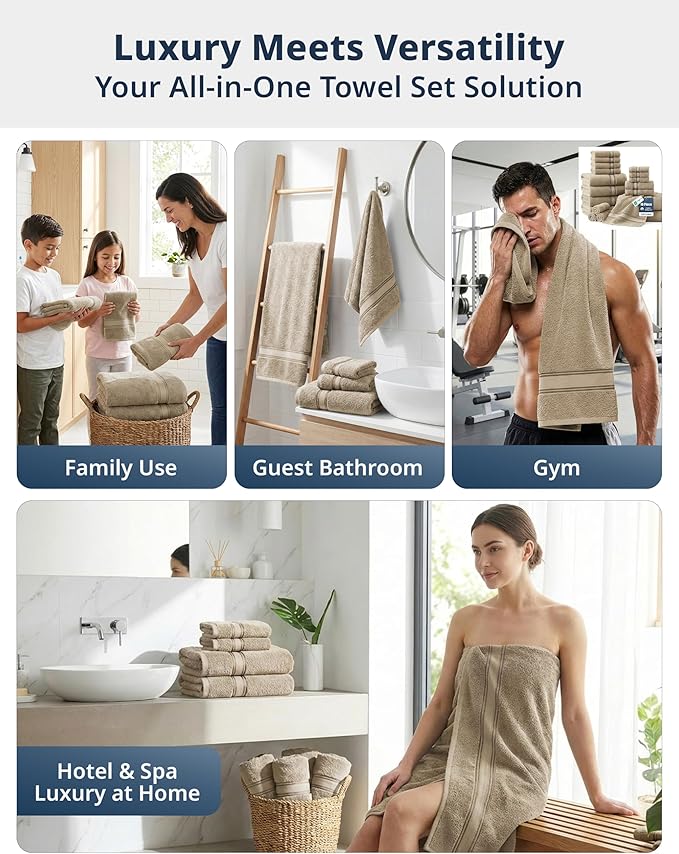 LANE LINEN Towel Sets for Bathroom - 12-Pack 100% Cotton Towels, Zero Twist, 4 Bath, 4 Hand & 4 Washcloths, Soft & Highly Absorbent, Premium Hotel & Spa-Quality Design, Easy to wash - Tapue