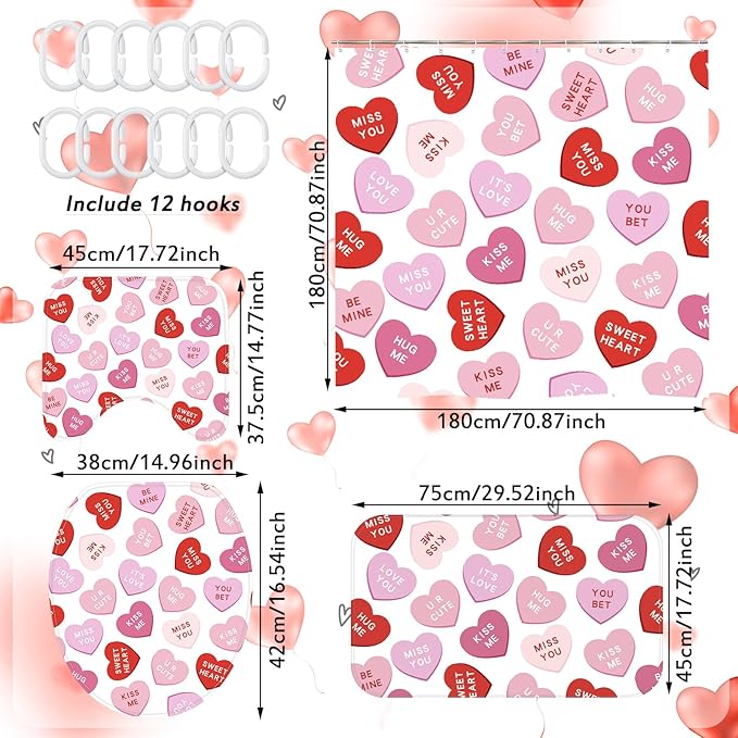 Drydiet 4 Pcs Valentines Shower Curtain Set, Non Slip Rugs Toilet Lid Cover U Shape Bath Mat and 12 Hooks Conversation Heart Pink Bathroom Supplies for Valentines Accessories Decor Set