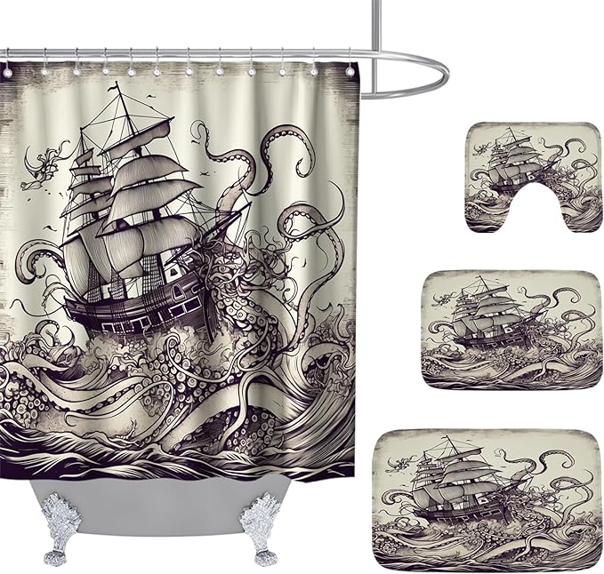 Nautical Octopus Ocean Sailboat Bathroom Sets with Shower Curtain and 20 x 31 Rugs Bathroom Ocean Accessories Sets Decor with Bath Rug, Bath Mat, U-Shaped Contour and Hooks 72 x 72 Inch Purple