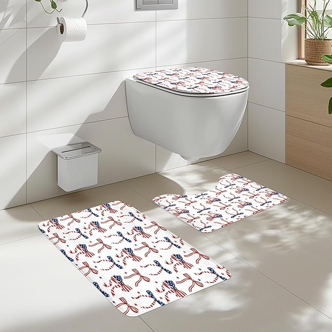 Cinbloo 4Pcs Independence Day 4th of July Shower Curtain Set, Red Blue Bow Coquette Patriotic USA American Flag Bathroom Curtain with Rug, Toilet Lid Cover, Bath Mat, Cute Shower Curtain with 12 Hooks