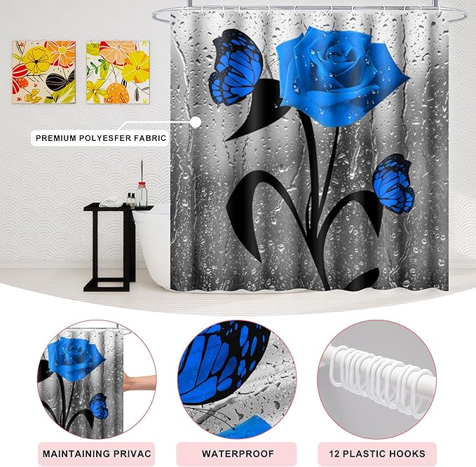 Poedist 4 Pcs Bathroom Shower Curtain Set,Blue Rose Bathroom Set, Shower Curtain Sets with Rugs(Bath Mat,U Shape and Toilet Lid Cover Mat) and 12 Hooks