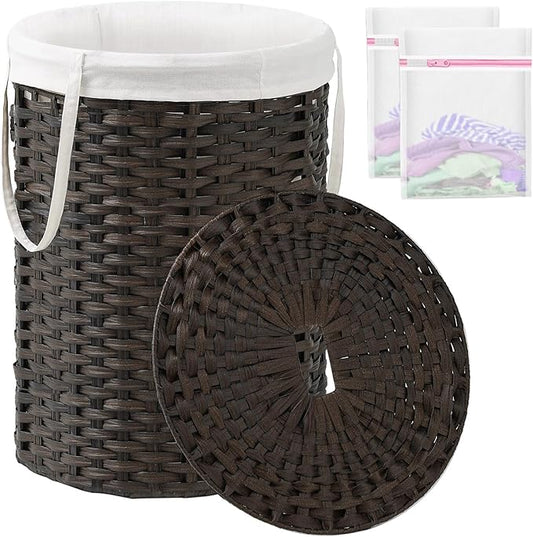 SETVSON Laundry Basket with Lid Round Rattan Laundry Hamper with Lid and Handles 29.1 Gal (110 L) Handwoven Woven Basket with Removable Bags and 2 Mesh Bags for Bathroom Living Room Brown