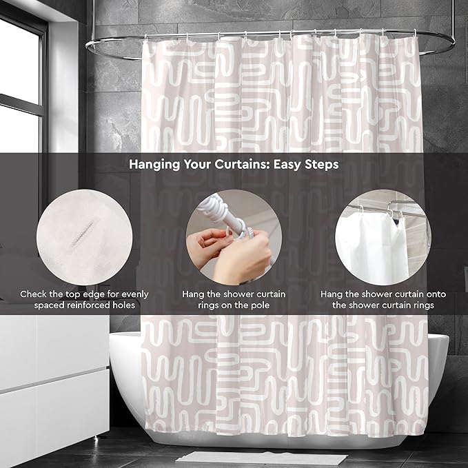 Encasa XO Shower Curtains for Bathroom 72x72 in with 10 Hooks | Waterproof Shower Liner Curtain | Premium Polyester Machine Washable Curtain for Bathroom - Boho Maze Beige