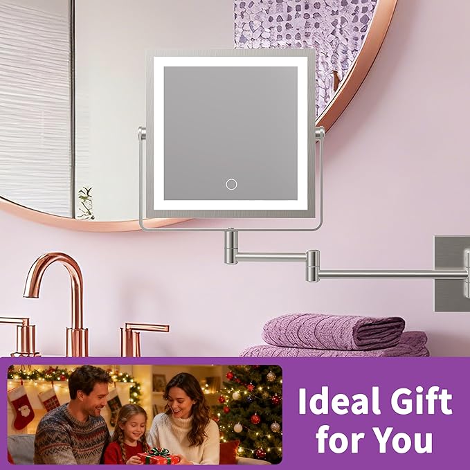 Wall Mounted Lighted Makeup Mirror, Rechargeable Double-Sided 1X/10X Magnifying Mirror with Light, Touch Dimmable 3 Color Lights, 360° Rotation Extendable Arm (Brushed Nickel)