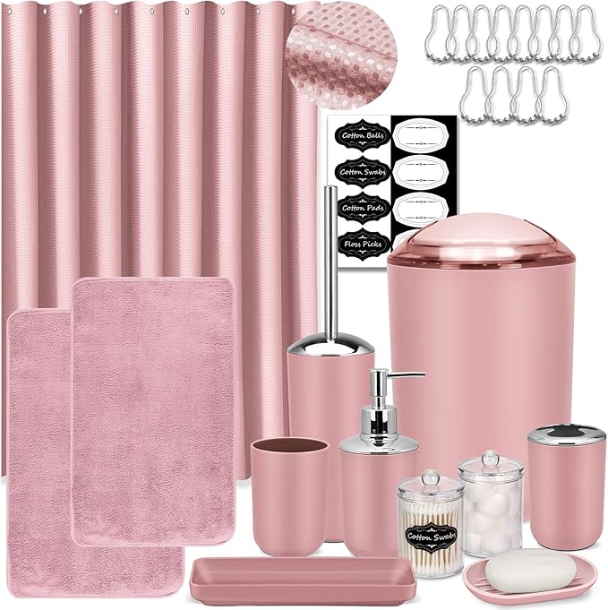 IMAVO Pink Bathroom Accessories,Non Slip Absorbent Bathroom Rugs and Waterproof Shower Curtain with Hooks,Complete Bathroom Set for Bathroom Décor
