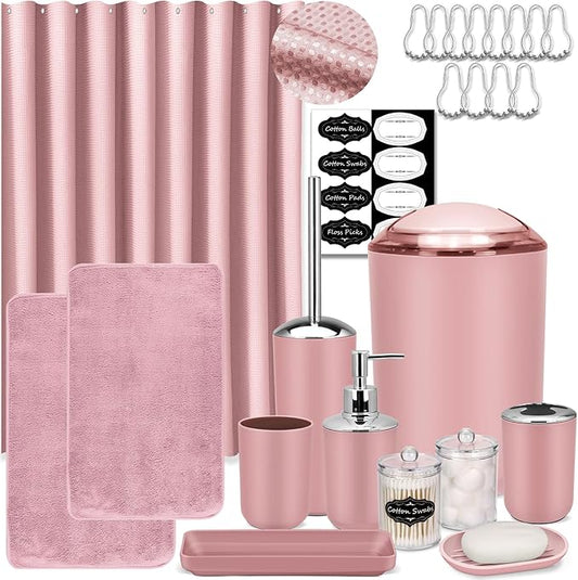 IMAVO Pink Bathroom Accessories,Non Slip Absorbent Bathroom Rugs and Waterproof Shower Curtain with Hooks,Complete Bathroom Set for Bathroom Décor