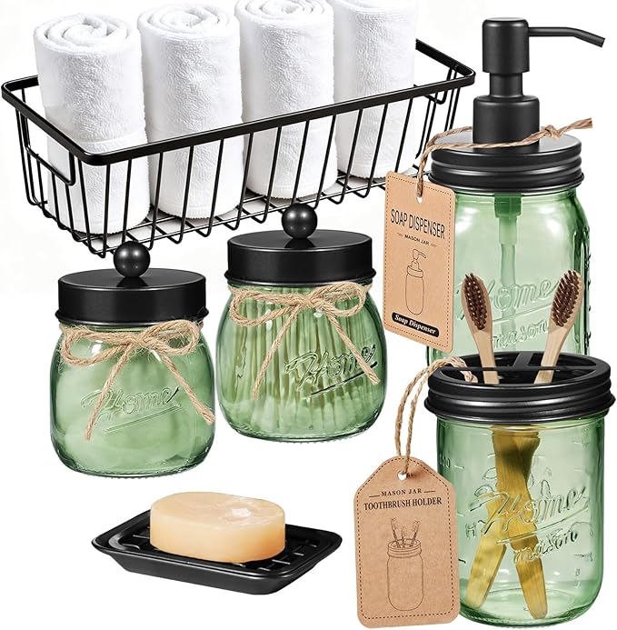 SheeChung Green Bathroom Accessories Set, 6Pcs Mason Jar Glass Bathroom Set, Lotion Soap Dispenser, Toothbrush Holder, Qtip Holder, Soap Dish, Metal Wire Basket, Rustic Farmhouse Bathroom Decor-Black