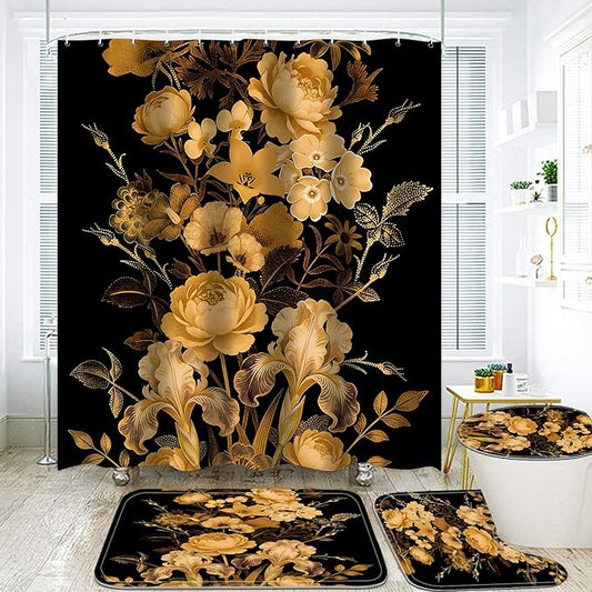 FZDHHY 4Pcs Black and Orange Shower Curtain Set, Luxury-Floral Bathroom Sets, Modern Simple Bathroom Sets with Shower Curtain and Rugs, Shower Curtain with 12 Hooks