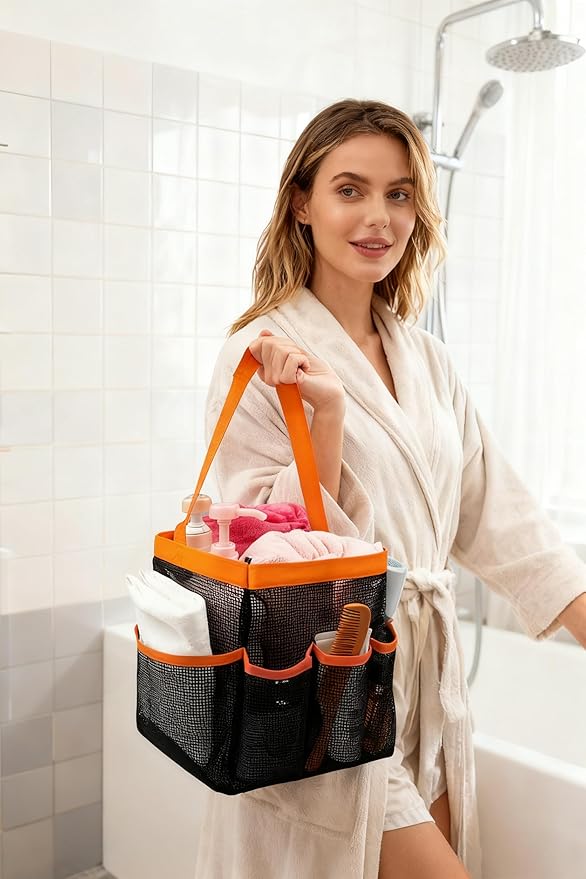 Mesh Shower Caddy Bathroom Portable College Dorm Essentials for Girls Guys Shower Tote Beach Camp Travel Hanging Toiletry Bag Orange