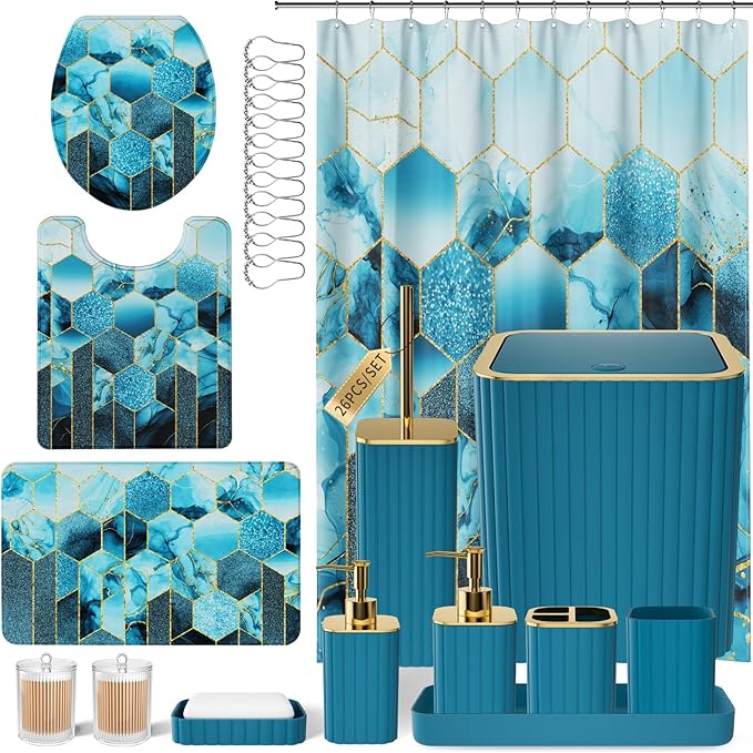 XLHOMO Bathroom Set - 26PC Bathroom Set with Shower Curtain and Rugs, Bathroom Accessory Set, Teal Bathroom Accessories Set, Trash Can & Soap Dispenser