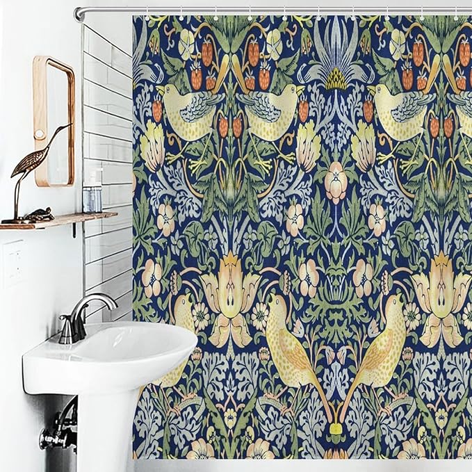 William Morris Shower Curtain,Original Design Vintage Flower Birds Strawberry Thief Pattern Print Shower Curtains Sets Polyester Waterproof Fabric Decor Bathroom Curtain 66"×72" Inch With 12 Hooks