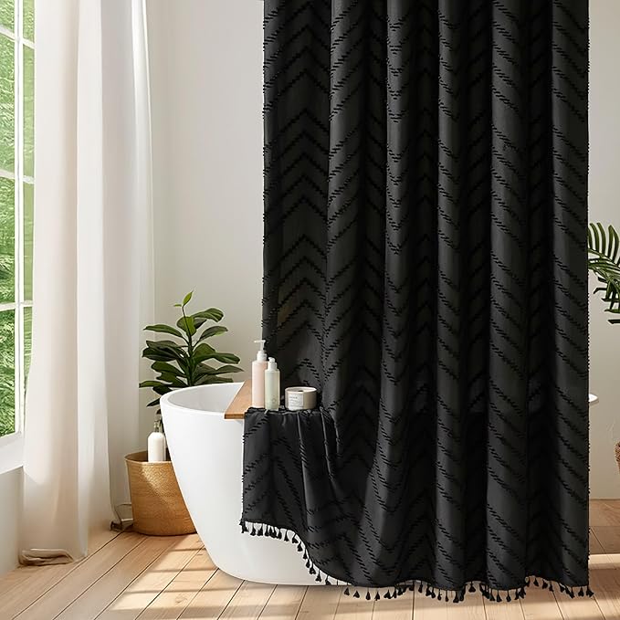 Stall Boho Shower Curtain Black Tassel Woven Fabric Shower Curtain 42 x 72 Modern Farmhouse Textured Tufted Chevron Striped Minimalist Bathroom Shower Curtain