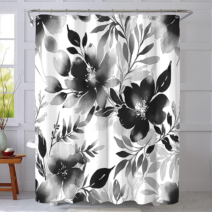 Floral Shower Curtain, Black Watercolor Flower Shower Curtains for Bathroom, Modern Minimalist Waterproof Fabric Bath Decoration 72x72 Inch
