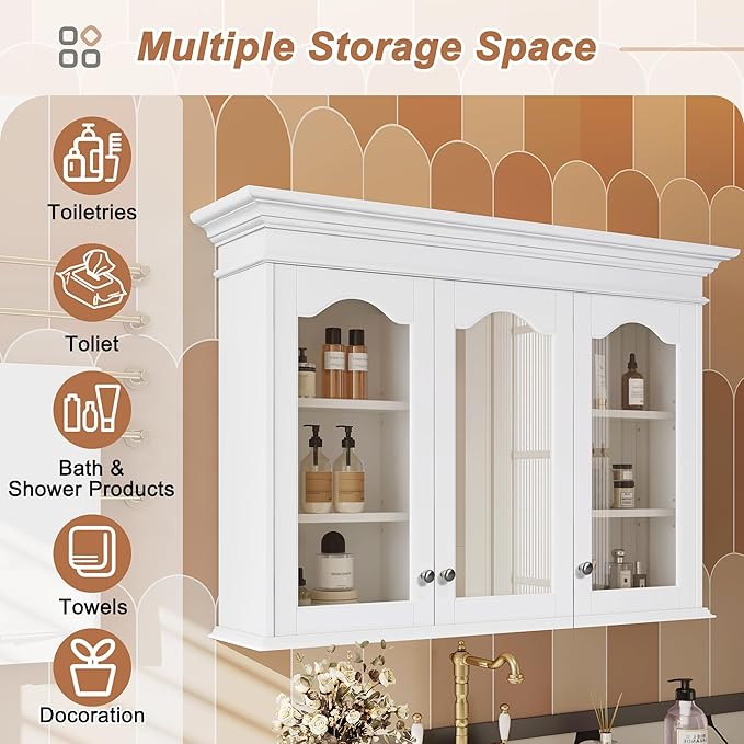 Merax Wall Mounted Bathroom Medicine Cabinet with Mirror, 40" x 28" Bathroom Wall Cabinet with Storage, Glass Doors and Adjustable Shelves, Mirrored Door Over The Toilet Storage Cabinet