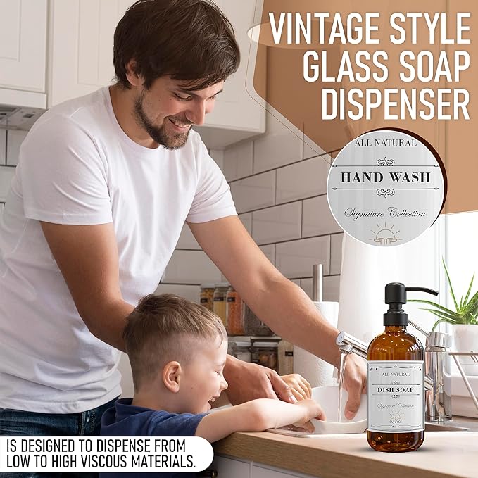 Sunrise Premium 2 Pack Amber Glass Soap Dispenser 16 OZ with Matte Black Stainless Steel Pump, Hand and Dish Soap Dispenser Set for Bathroom and Kitchen Sink with 6 Waterproof Labels