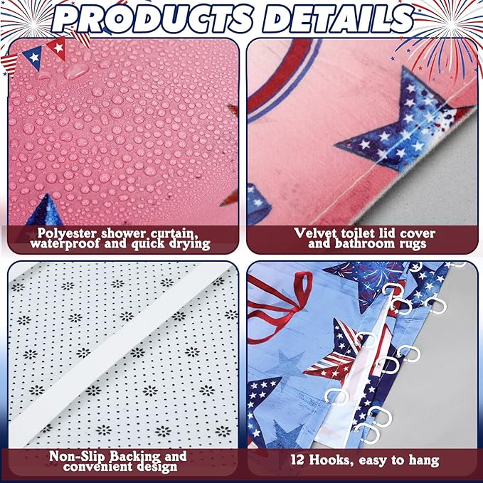 FuWeave 8 Pcs 4th of July Shower Curtain Set for Patriotic Bathroom Decor Include Red White and Blue American Flag Star Pattern Shower Curtain Towel Non Slip Rug Toilet Lid Cover Bath Mat and 12 Hooks