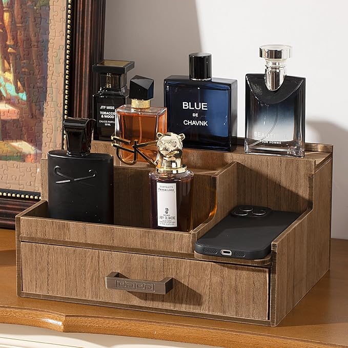 Cologne Organizer for Men, 3 Tier Perfume Display Stand with Drawer and Hidden Compartments, Stylish Wooden Mens Cologne Holder for Dresser Storage, Great Gift for Men/Fathers, Brown