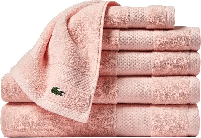 Lacoste Heritage Anti-Microbial Supima Cotton 6-Piece Towel Set, 2 Bath Towels, 2 Hand Towels, 2 Washcloths, Light Pink – Highly Absorbent & Quick Drying, Bathroom Essential, Machine Washable