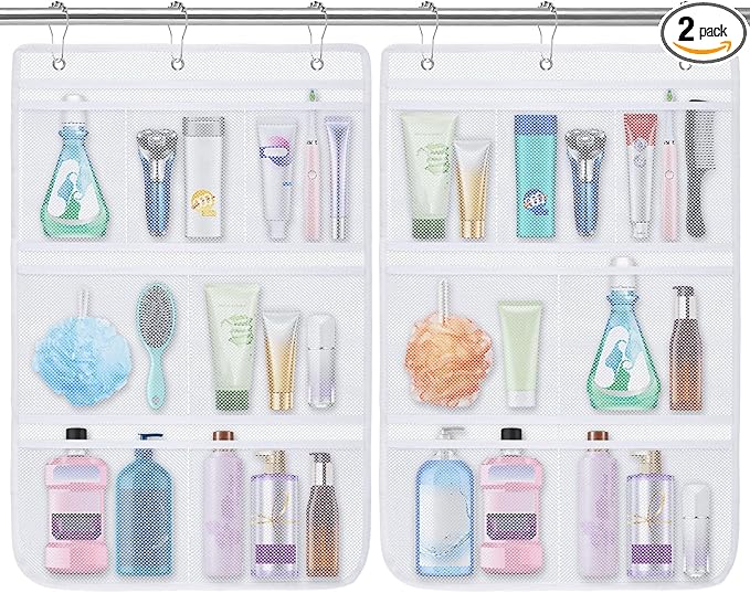 2 Pack Mesh Shower Caddy Hanging Organizer with 7 Pockets, Quick Dry Bathroom Storage Bag, Cruise Cabin and Dorm Essentials for Travel, Toiletry Organizer for Shampoo Soap