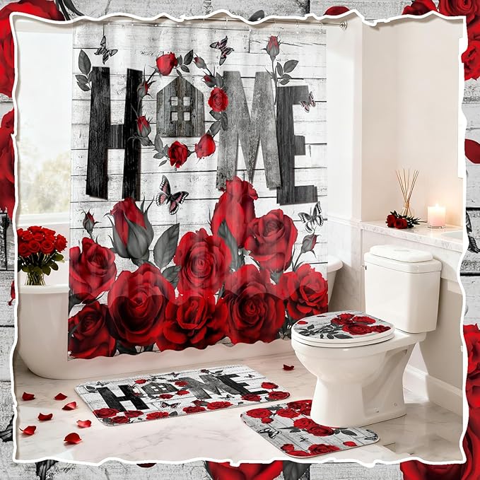 Tatuo 8 Pcs Red Rose Shower Curtain Set Rose Home Romantic Farmhouse Bathroom Decor Accessories Sets Black Red Waterproof Shower Curtain with Towels Carpet Bath Mat Toilet Rugs and 12 Hooks