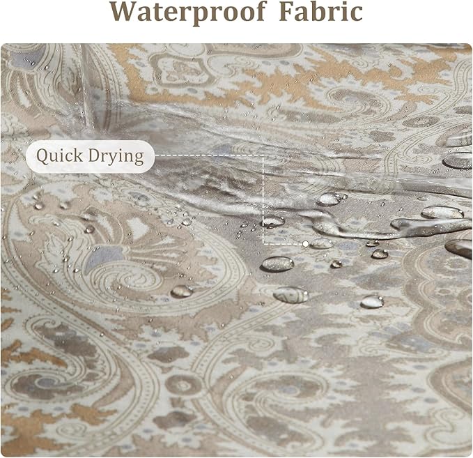 Waterproof Fabric Shower Curtain, Beige Grey Boho Paisley Damask Print Bathroom Curtain, 72" W x 72" H