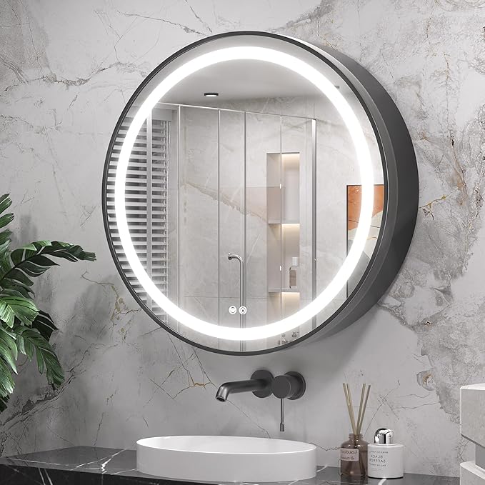 Keonjinn 28 Inch Round Lighted Medicine Cabinet, Black LED Medicine Cabinet Mirror, Circle, Electrical Outlet, 3 Color Lights, Anti-Fog, Dimmable, Surface Mount Only