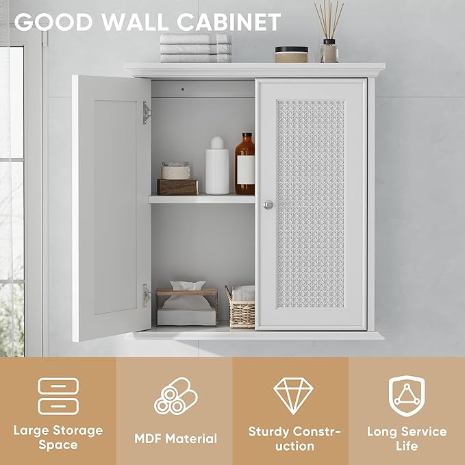 Smuxee White Bathroom Medicine Cabinet, Wall Mounted with Rattan Doors, 22.1" W x 23.6" H x 8.6" D, Adjustable Shelves, Wall Cabinet Over Toilet for Laundry Room Kitchen