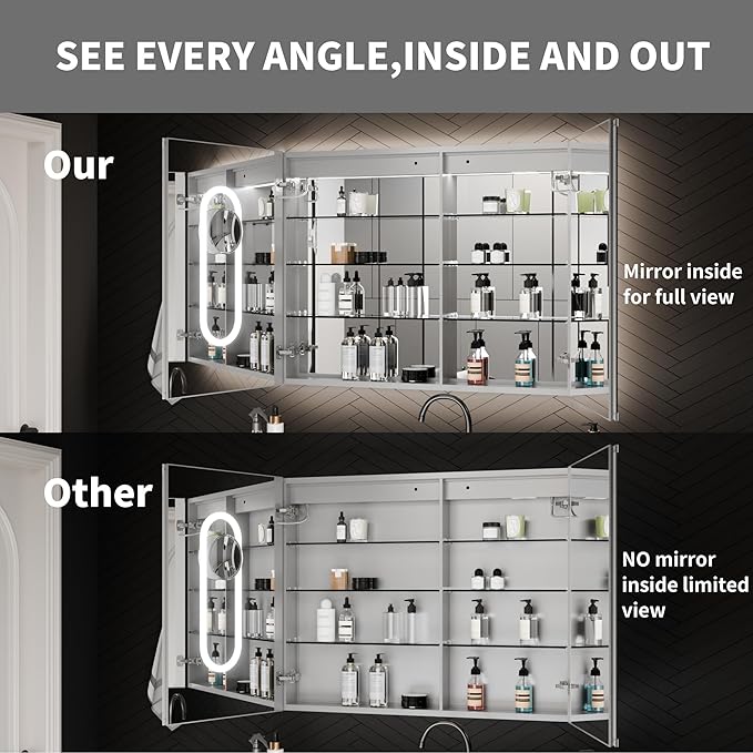 ExBrite 40 x 32 Lighted Medicine Cabinet with Mirror, Front&Backlit led Medicine Cabinet,Clock Temp Display,Defog,5X Magnifier,3 Colors Temper Dimmable,Surface or Recessed Mount,Door Wide Open