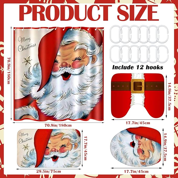 Drydiet 4 Pcs Fall Shower Curtain Sets 71 x 71 in Autumn Non Slip Rugs Toilet Lid Cover Bath Mat and 12 Hooks Fall Bathroom Shower Curtain for Thanksgiving Harvest Farmhouse Home Decor(Christmas)