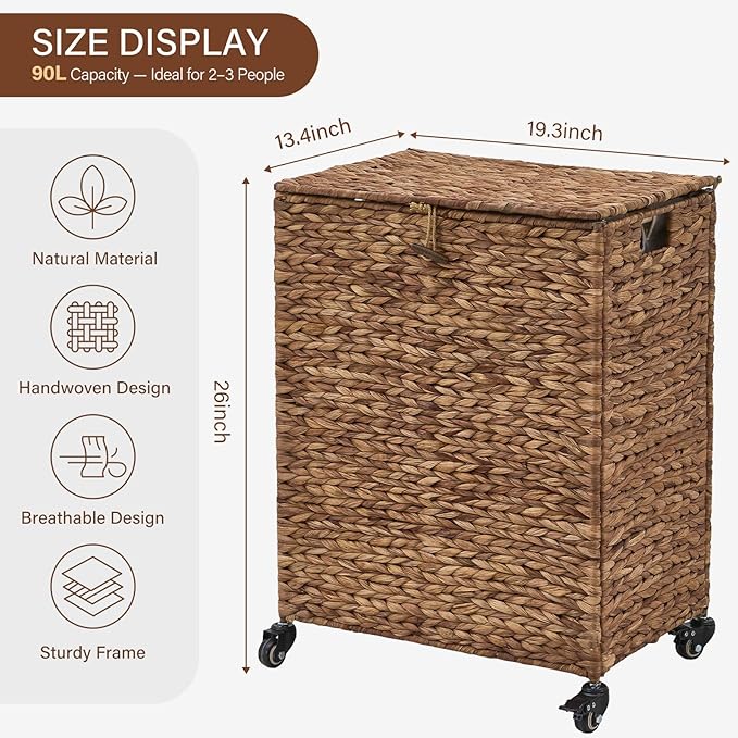 Hand-Woven Laundry Basket with Wheels, Natural Water Hyacinth Laundry Hamper with Lid, Removable & Machine-Washable Liner,Clothes Hamper for Bathroom and Laundry Room(90L,Espresso)