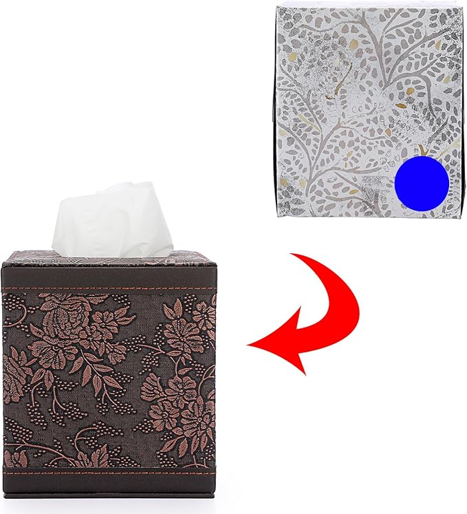 Sumnacon Square Leather Tissue Box Cover - Stylish Cube Tissue Box Holder with Magnetic Bottom, Decorative PU Tissue Box for Vanity Dresser Night Stand Table Countertop Home Office Car, Black Flower