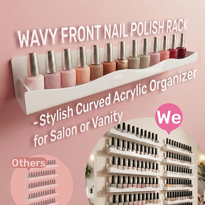 YMVV 15" Nail Polish Racks Wall Mounted Shelf,6 Pack White Acrylic Nail Polish Organizer Nail Supplies for Nail Techs,Great Display for Salons Retailers