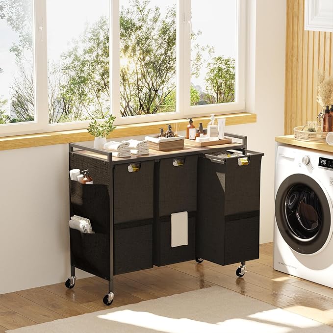 Huhote Laundry Hamper, Laundry Basket, Laundry Sorter with Top Shelf & 3 Removable Washable Bags & Side Pockets for Laundry Room organization, Bathroom and Dorm, Rustic Brown and Black