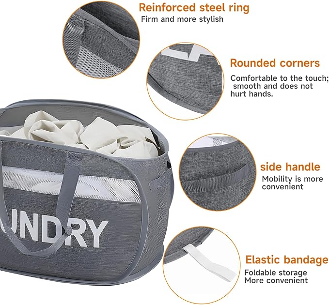 Foldable Laundry Basket with Zipper Lid, Reinforced Steel Ring Collapsible laundry hamper, 70L Breathable Mesh Dirty clothes hamper with Dual Handles for Home, Dorm, Apartment,Bedroom