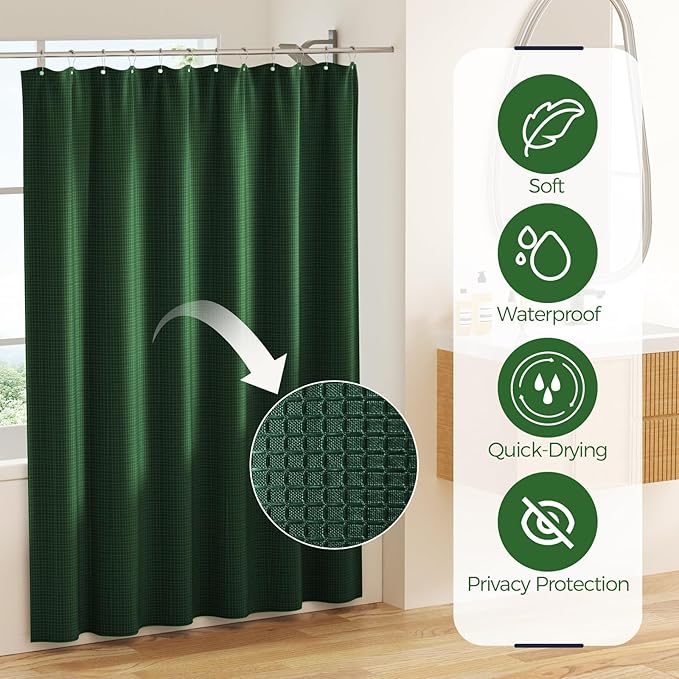 Green Bathroom Accessories Set - Bathroom Set with Shower Curtain and Rugs, Trash Can, Toilet Brush with Holder, Soap Dispenser, Toothbrush and Toothpaste Holder, Cup, Soap Dish, Qtip Holders, Hooks