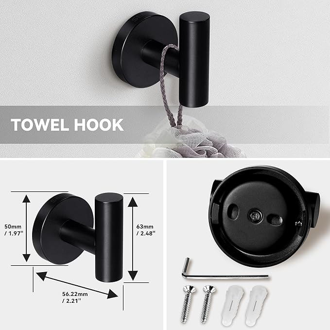 SEIDO 4-Piece Matte Black Bathroom Accessories Set – 24 Inch Double Towel Bar with Toilet Paper Holder & 2 Hooks - SUS 304 Stainless Steel Wall Mounted Hardware Kit for Bathroom, Laundry Room