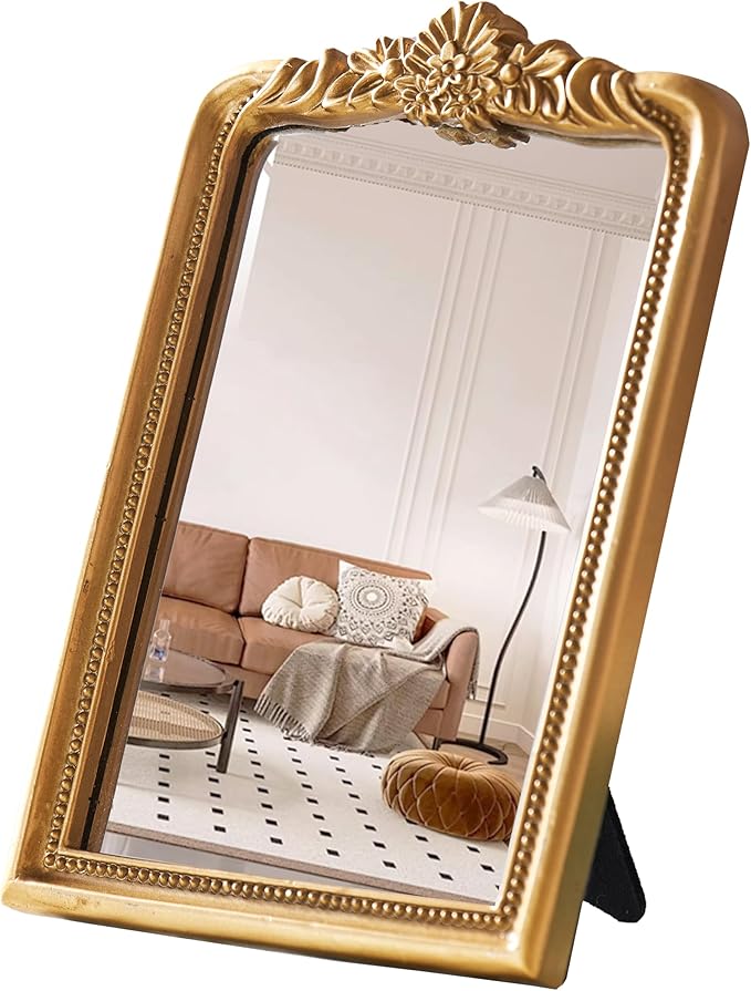 Gold Vintage Vanity Square Mirror, Antique Mirrors for Wall Decorative, Unique Cute Small Mirror, Table Top Makeup Framed Mirrors, Bathroom, Bedroom, Living Room,Fireplace,10.2" L x 7.3" W Gold