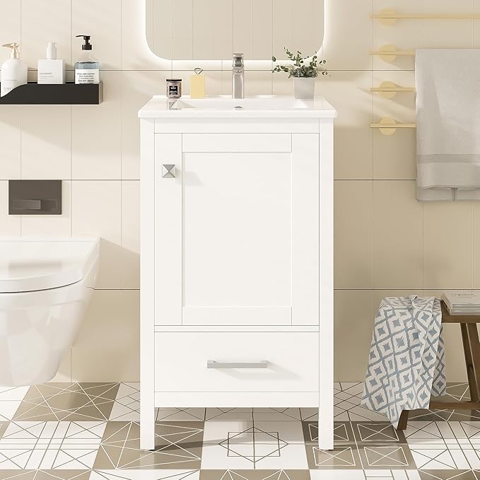 Virubi 20" Small Bathroom Vanity with Sink, Soft-Close Drawer and Door, Wood Modern Single Bathroom Sink Cabinet with Doors and Shelves, Adjustable Foot Pads, for Small Space (White)