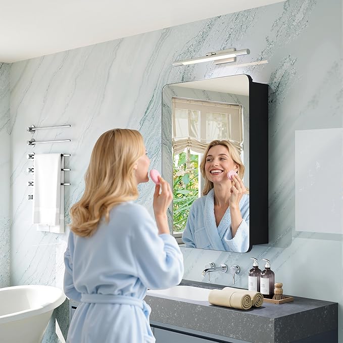 Modern Bathroom Mirror with Storage 16x24 Inch, Matte Black Aluminum Medicine Cabinet, Recessed or Surface Mount, 6 Adjustable Glass Shelves, Waterproof Vanity Organizer, DTC Hinges