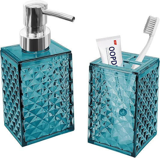 2PCS Lake Blue Bathroom Accessories. Contain Soap Dispenser and Toothbrush Holder Set. Boho Bathroom Set for Blue Bathroom Décor