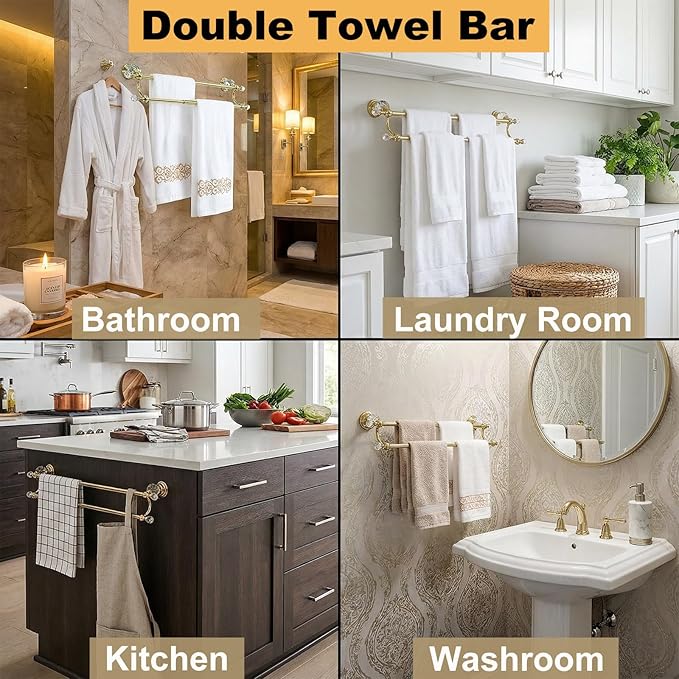 Gold Double Towel Bar with Crystal, Adjustable Towel Racks for Bathroom Wall Mounted 18-30 Inches, Stainless Steel Towel Rod Holder for Modern Luxury Bathroom