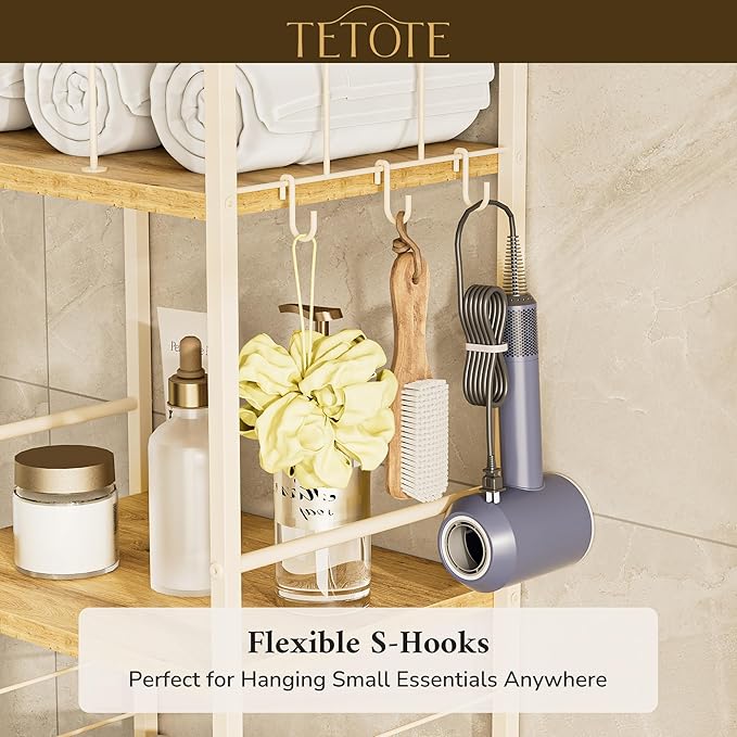 TETOTE Towel Rack 4-Tier M-Shaped Detachable Dividers Towel Storage Organizer with Hooks Modern Towel Stand Shelf for Bathroom, Pool, Kitchen, Living Room, White