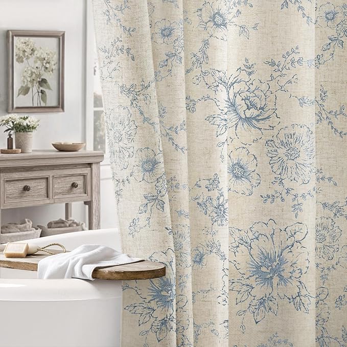 Farmhouse Floral Linen Shower Curtain, Vintage Blue Pattern Rustic Shower Curtains for Bathroom, Taupe,72x72