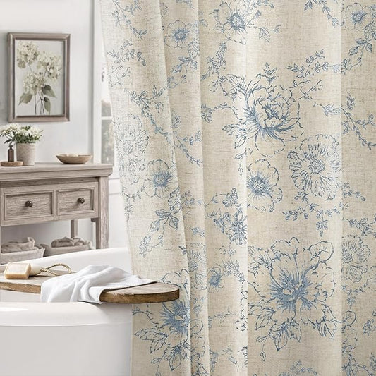 Farmhouse Floral Linen Shower Curtain, Vintage Blue Pattern Rustic Shower Curtains for Bathroom, Taupe,72x72