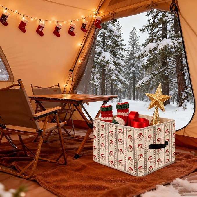Christmas Santa Storage Bins, Red and Green Stripe Christmas Santa Claus Snowflakes Holiday Foldable Closet Organizers Storage Basket Toybox for Clothes Bed Sheets Blankets Toys