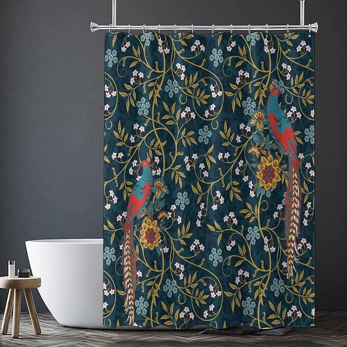 Rustic William Morris Art Print Fabric Shower Curtain,Vintage Mid Century Boho Floral Bird Hotel Quality,Machine Washable,72L x72W for Bathroom.