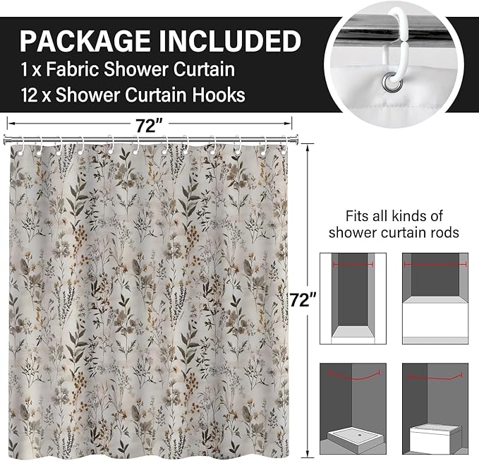 Vintage Boho Floral Shower Curtains,Modern Aesthetic Farmhouse Shower Curtains for Bathroom,Funny Waterproof Polyester Farmhouse Style Bathroom Decor,72x72 Inch