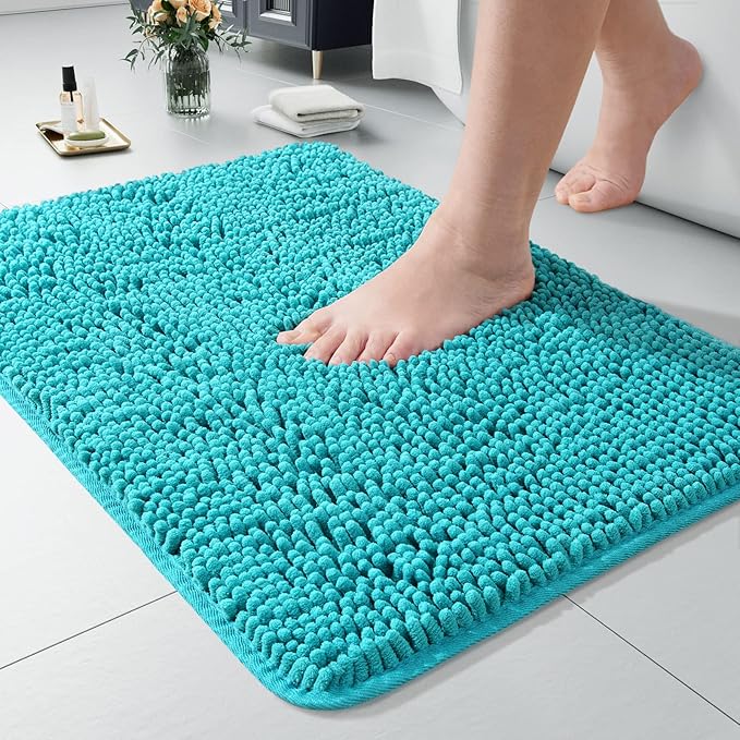 LOCHAS Luxury Bathroom Rug Shaggy Bath Mat 20 x 30 Inch, Washable Non Slip Bath Rugs for Bathroom Shower, Soft Plush Chenille Absorbent Carpets Mats, Teal Blue